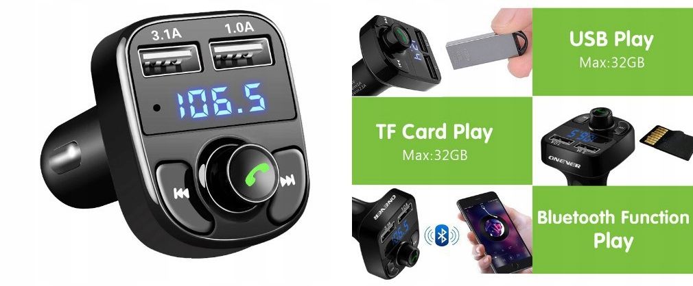 Transmiter FM bluetooth dual rozmowy ładowanie MP3