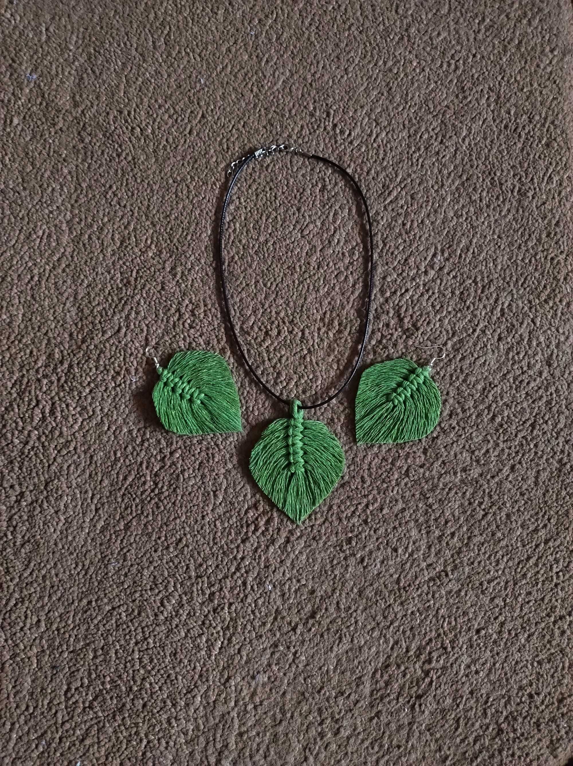 Zielony komplet zestaw biżuterii kolczyki wisiorek plecione handmade