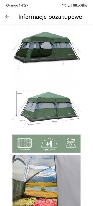 Namiot turystyczny, duży rodzinny 10 osobowy 414x303x190cm