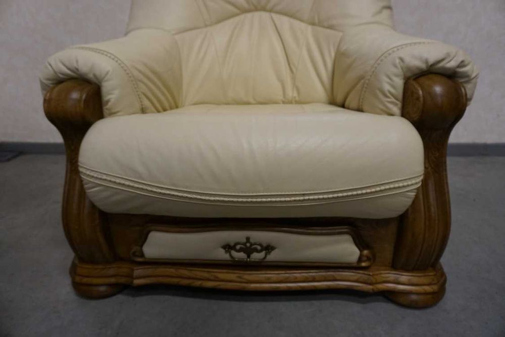 Zestaw na Stelażu Dębowym 3+1 Skóra Naturalna Jasna + Szuflady w-1116