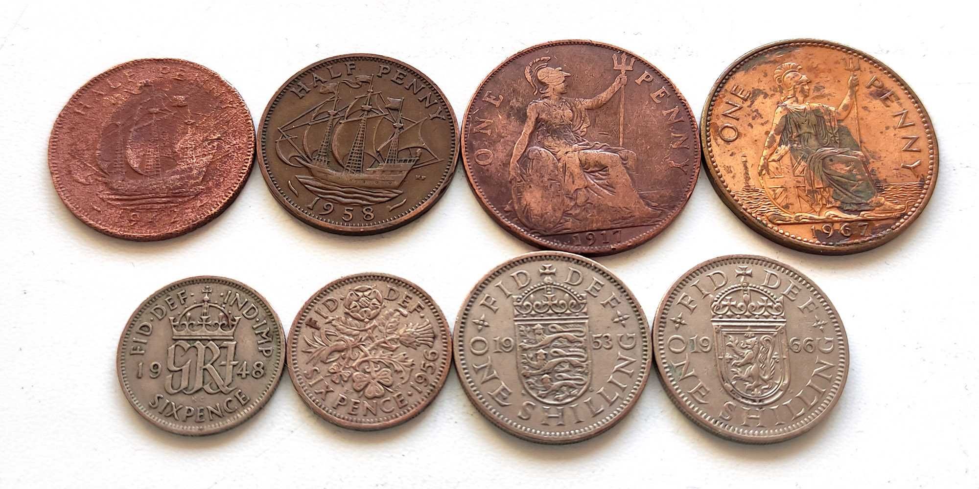 Монеты Великобритании предесятичные (пенсы, шиллинги), 8 шт