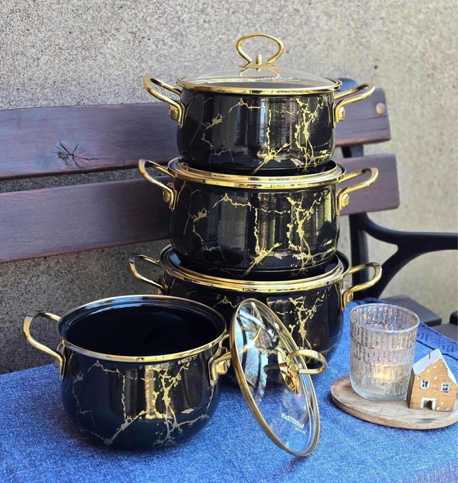 Garnki zestaw czarny złoty marmur