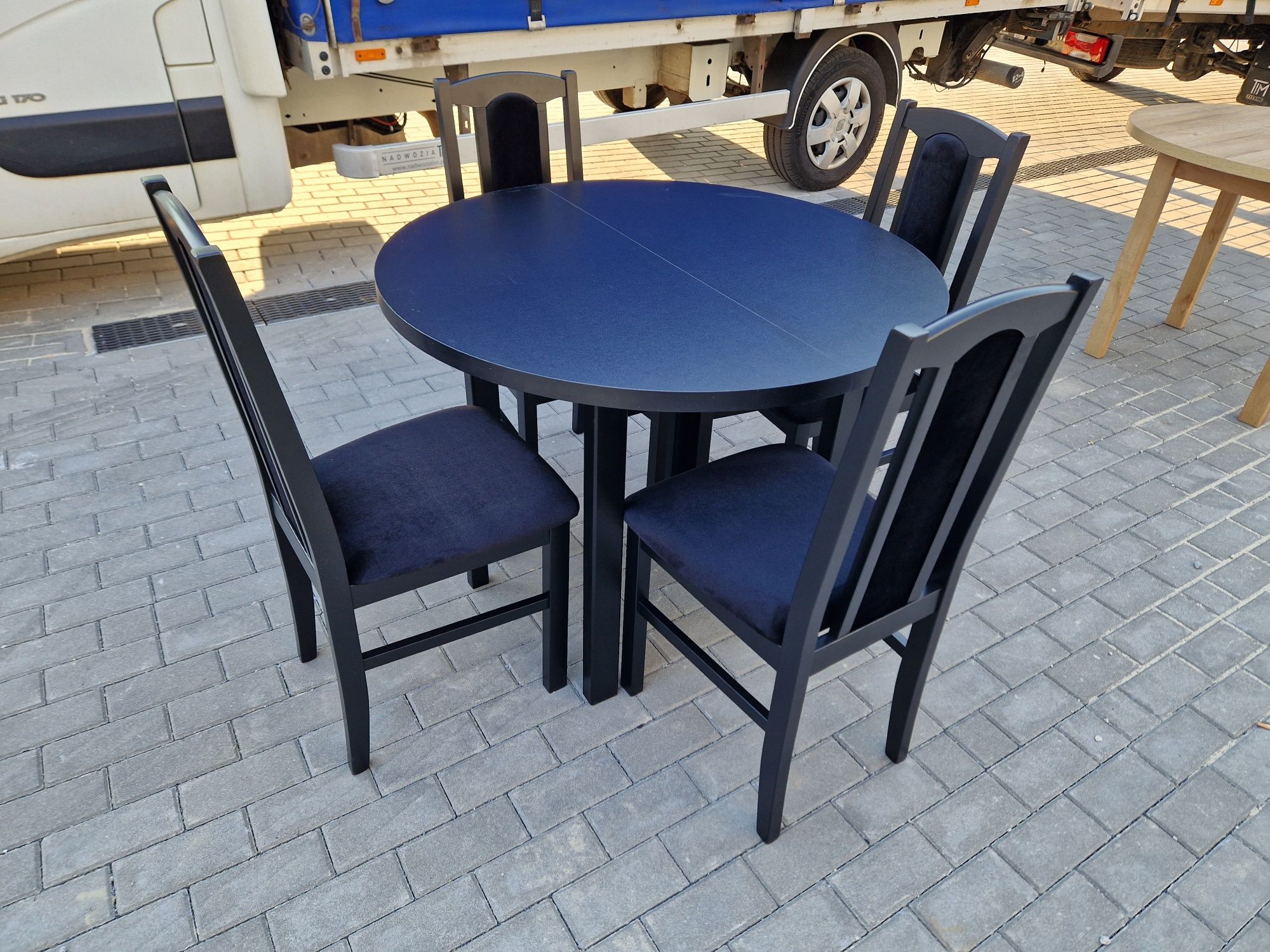 Nowe : Stół okrągły + 4 krzesła,  czarny + czarny , dostawa PL
