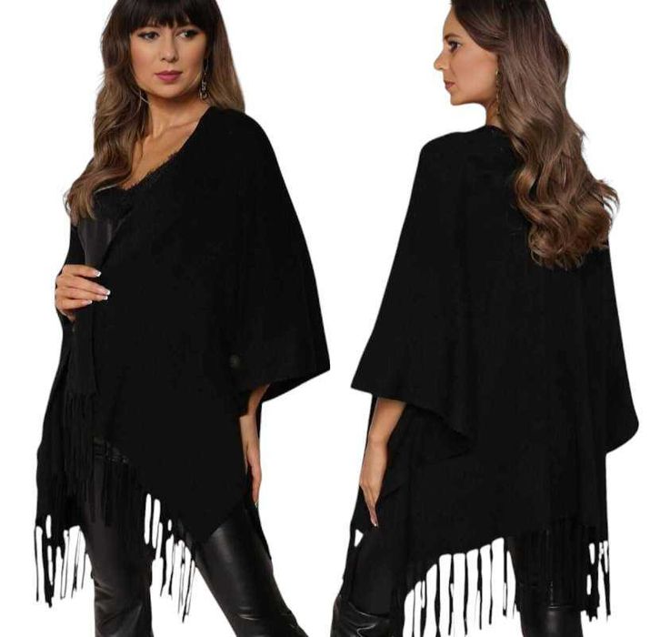 PIĘKNE WŁOSKIE PONCZO damskie czarne wiskoza bardzo eleganckie