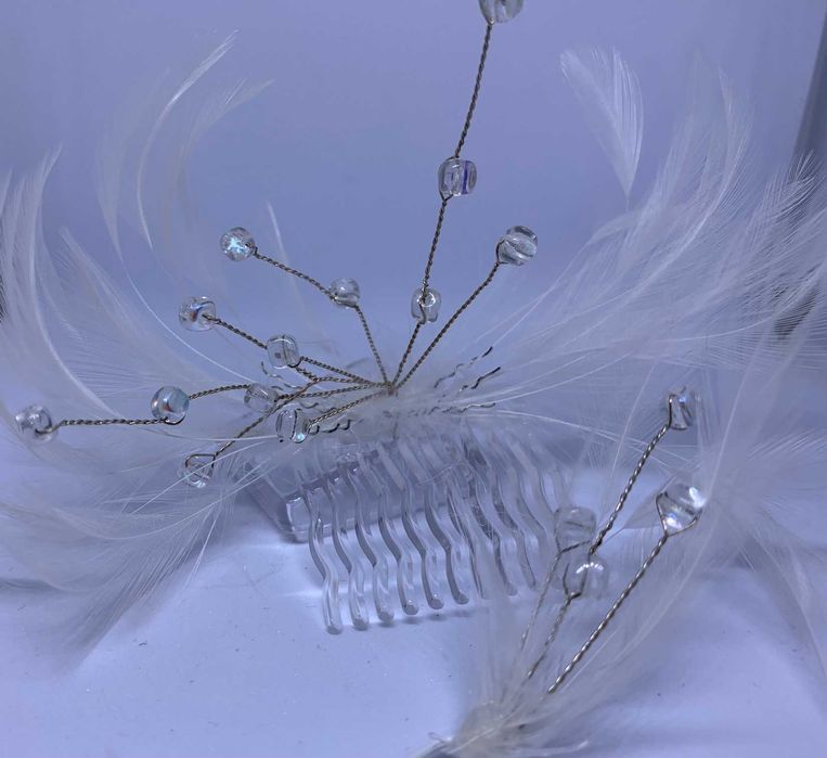 ręcznie robiony zestaw ślubny grzebyk wsuwka piórka kryształki delikat