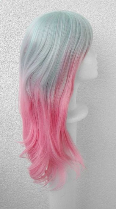 Ombre różowa zielona dwukolorowa peruka wig cosplay długa prosta