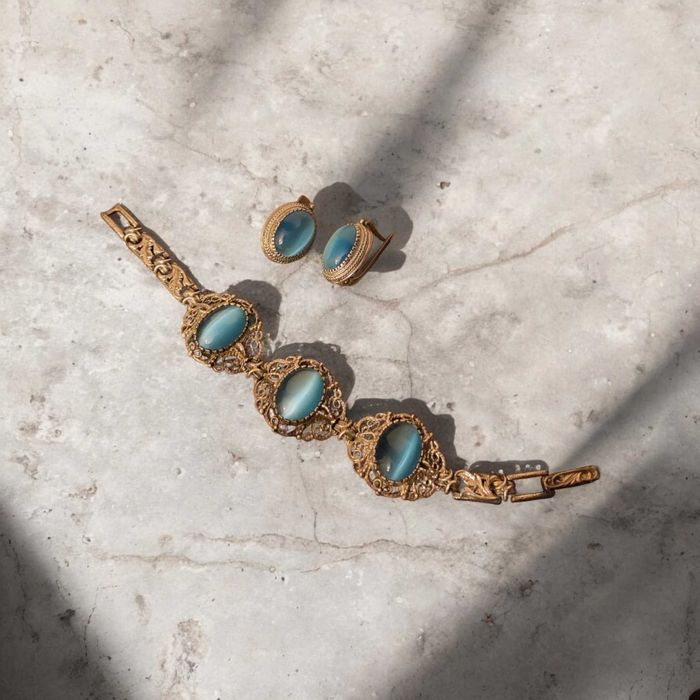 Браслет , серьги "кошачий глаз" винтаж