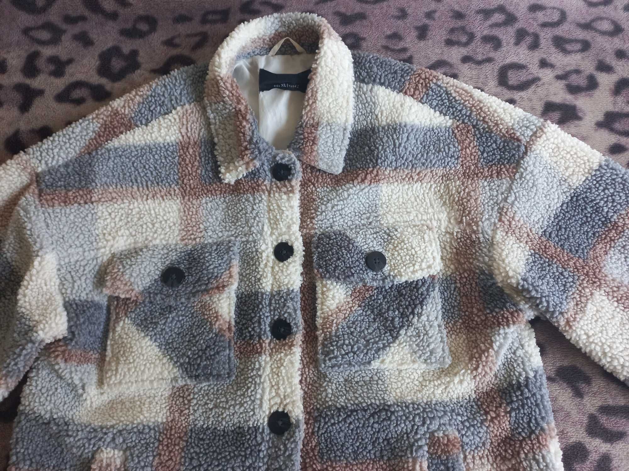 SINSAY shaket kurtka baranek miś szary beżowy kratka oversize 42 XL