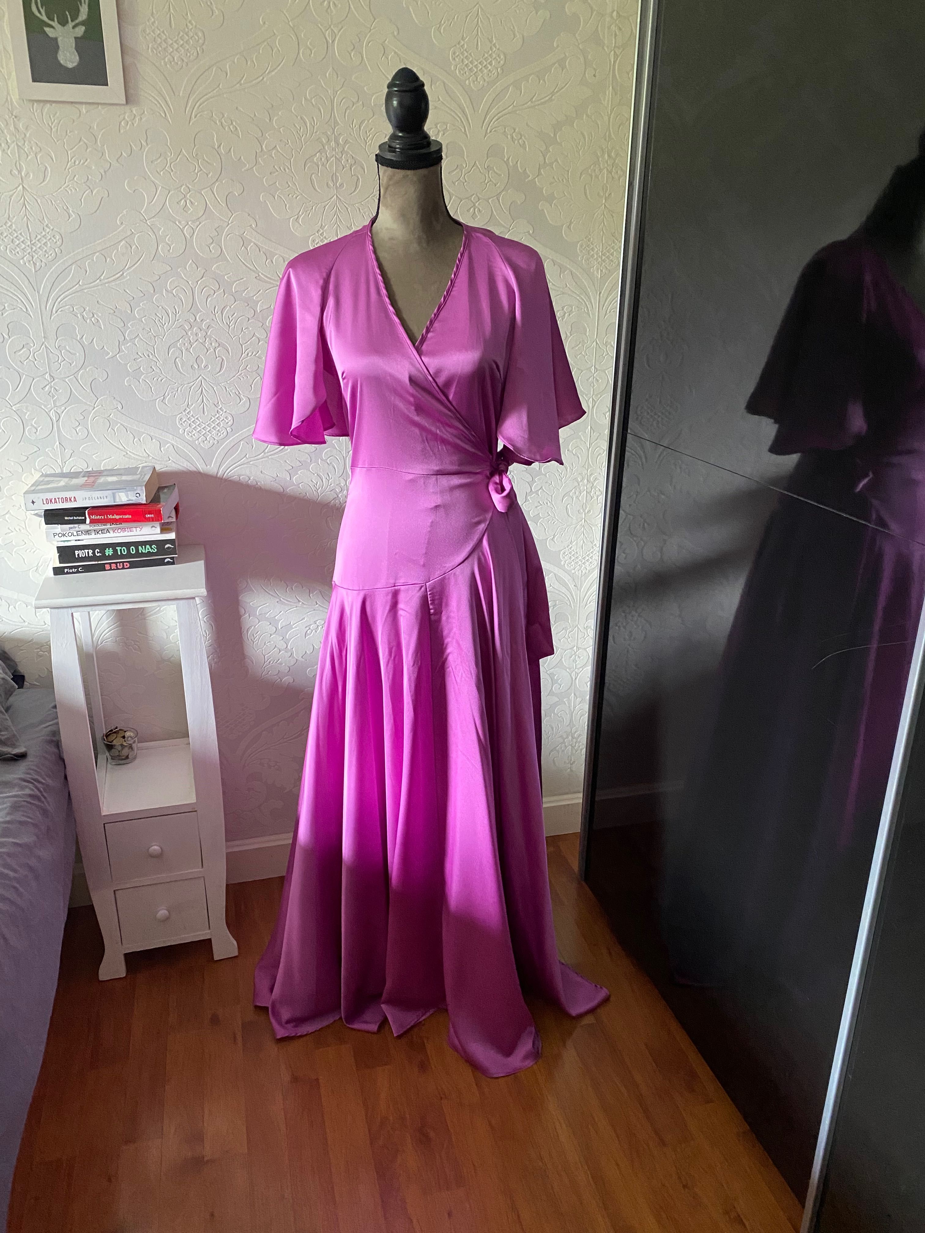 Nasty Gal różowa fioletowa sukienka maxi z odkrytymi plecami 34 XS