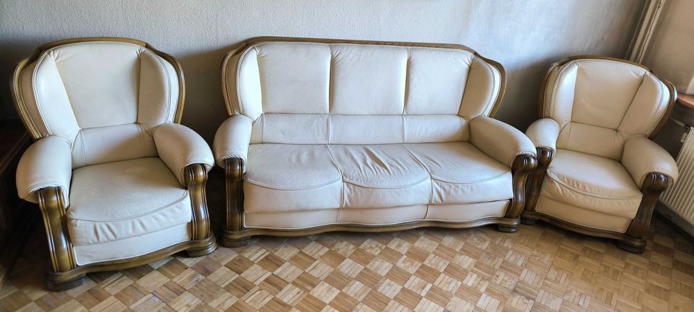 Skórzane stylowe meble wypoczynkowe do salonu, sofa, fotele