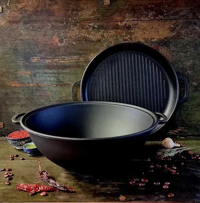 Казан чавунний узбецький об`ємом 8 л WOK із кришкою-сковородою гриль