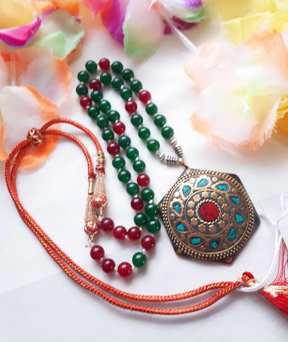 Orientalny naszyjnik z Indii Kamienie  Rubin i Szmaragd