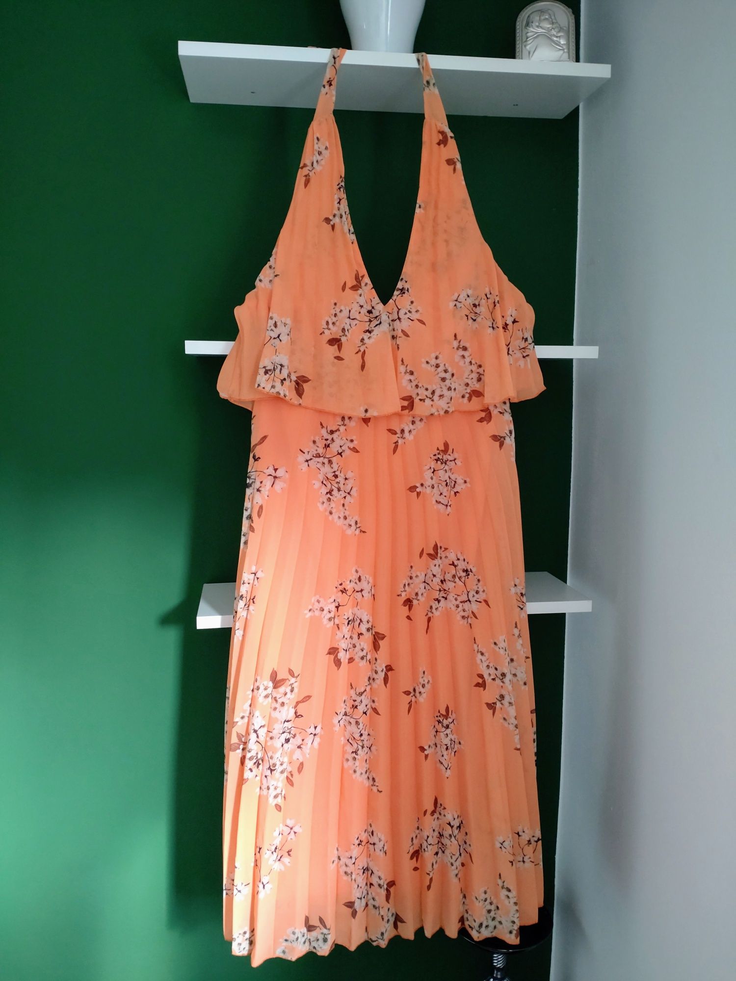 Plisowana sukienka ASOS wiązana na szyi pomarańczowa kwiaty