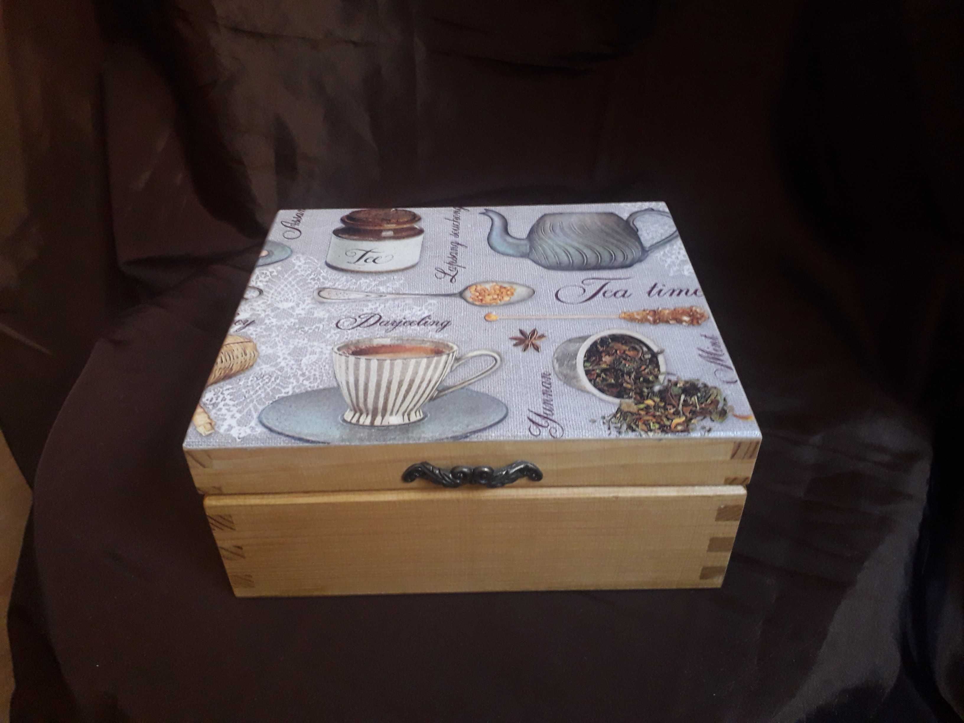Pojemnik na herbatę, drewniana herbaciarka, decoupage, prezent