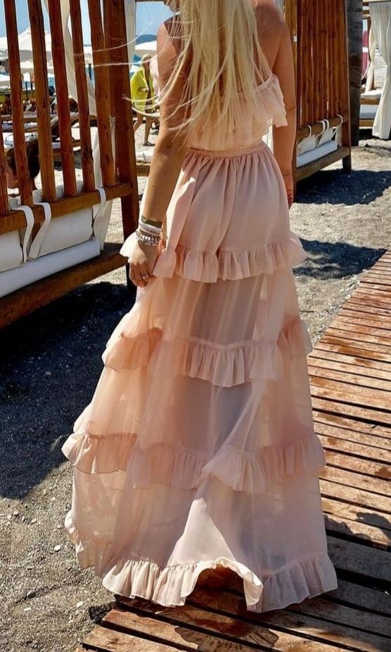 Just unique Larisa sukienka różowa łososiowa długa falbanki M/L szyfon
