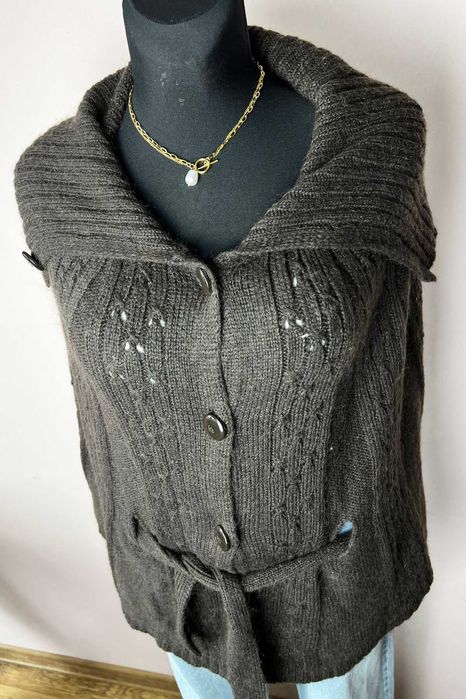 Benetton Stile brązowe ponczo poncho narzutka z wełną guziki