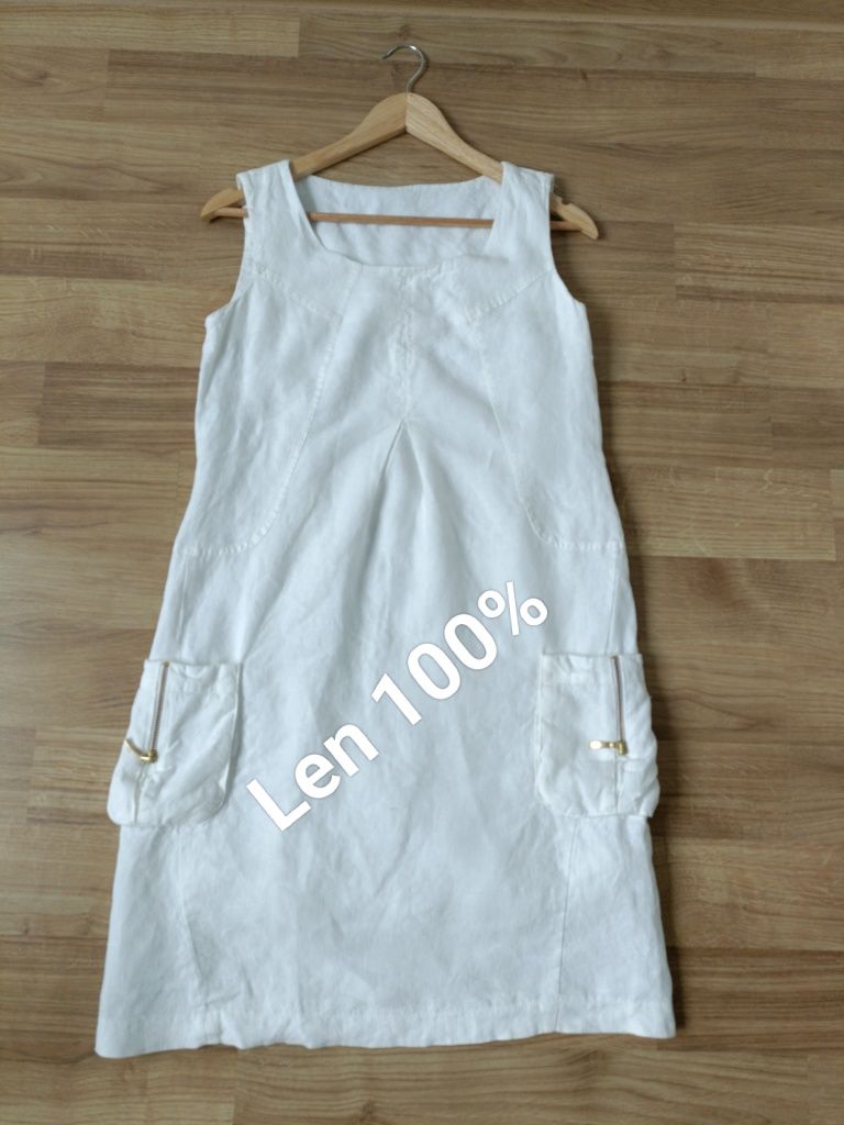 Lniana biała sukienka bez rękawów len 100% z lnu na lato letnie XS S 3