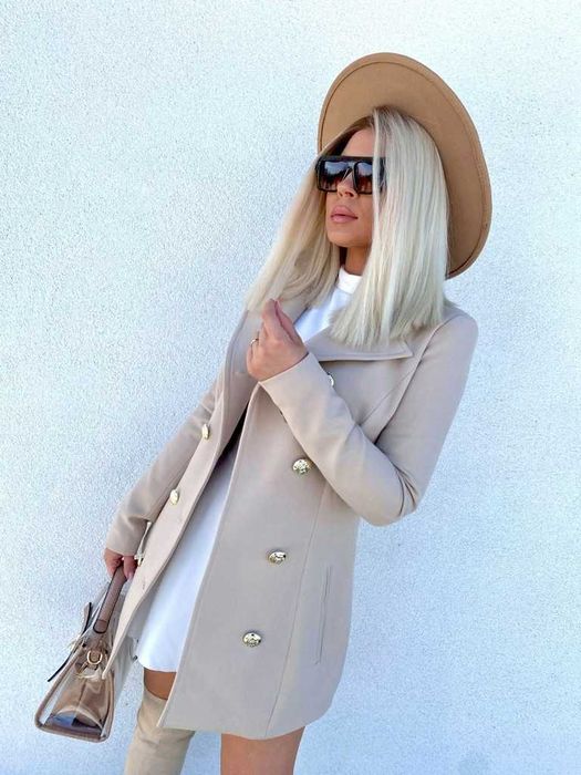 Lux Wear płaszcz dwurzędowy taliowany beżowy latte r 38/40 M/L