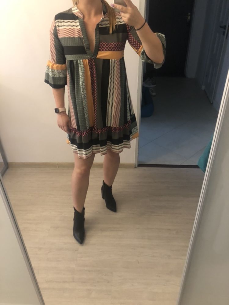 NOWA sukienka boho rozkloszowana dekolt serek falbanki jesień