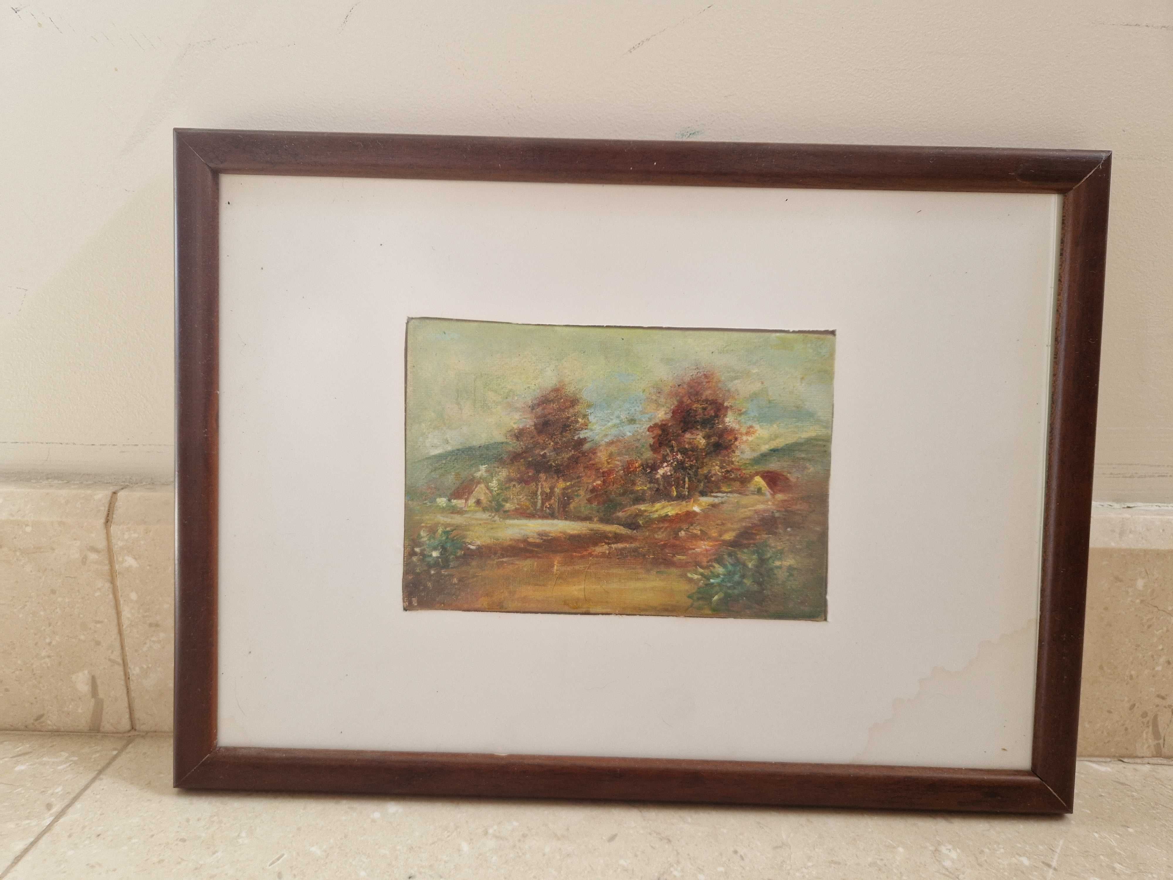 Quadro antigo paisagem com casas