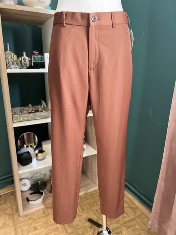 Tapered cropped spodnie chinosy męskie brązowe H&M S nowe do kostki