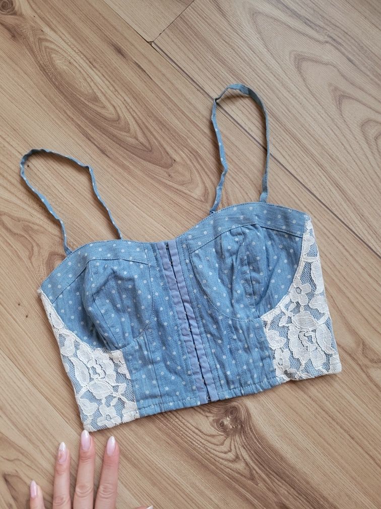 Bawełniany crop top z koronką sexy pin up dots bardotka kropeczki XS S