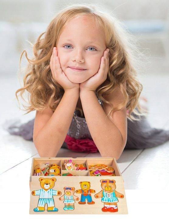 Układanka Drewniana Montessori 4 Misie Puzzle Emocje Ubrania Miny Sort