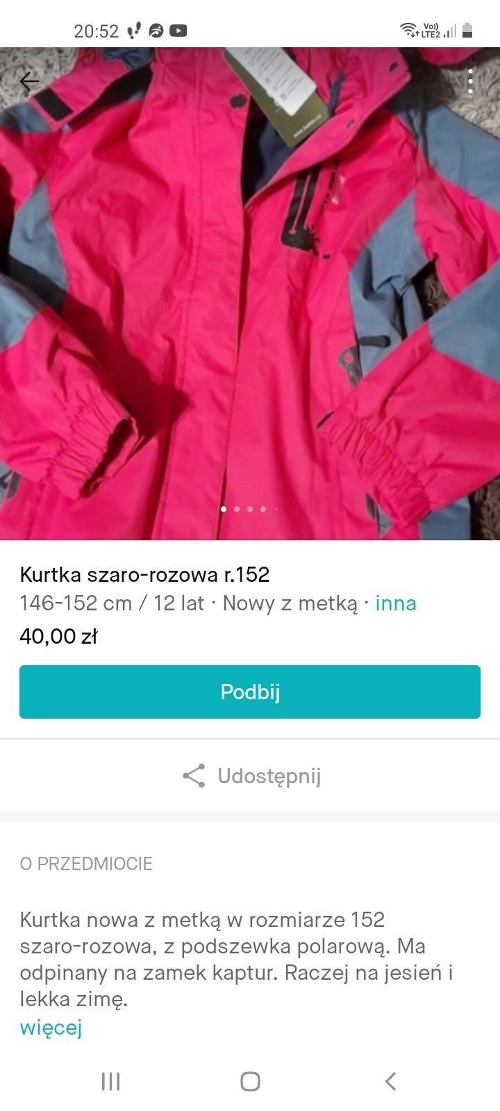 Kurtka r.152 dla dziewczynki