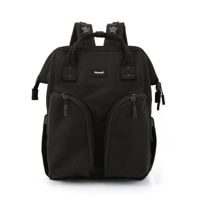 czarny, pojemny plecak damski z poliestru z kieszenią zewnętrzną