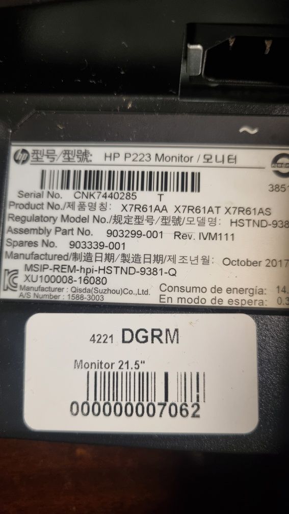 Monitor led HP P223 .22 polegadas .entrada VGA e display port.