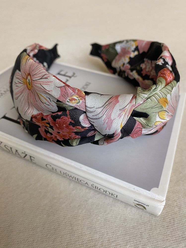 Opaska do włosów Floral Art/Boho/satynowa wysoka, Kwiaty/Floral/Black