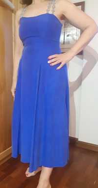 Vestido em seda azul magenta/ciano com alças prateadas