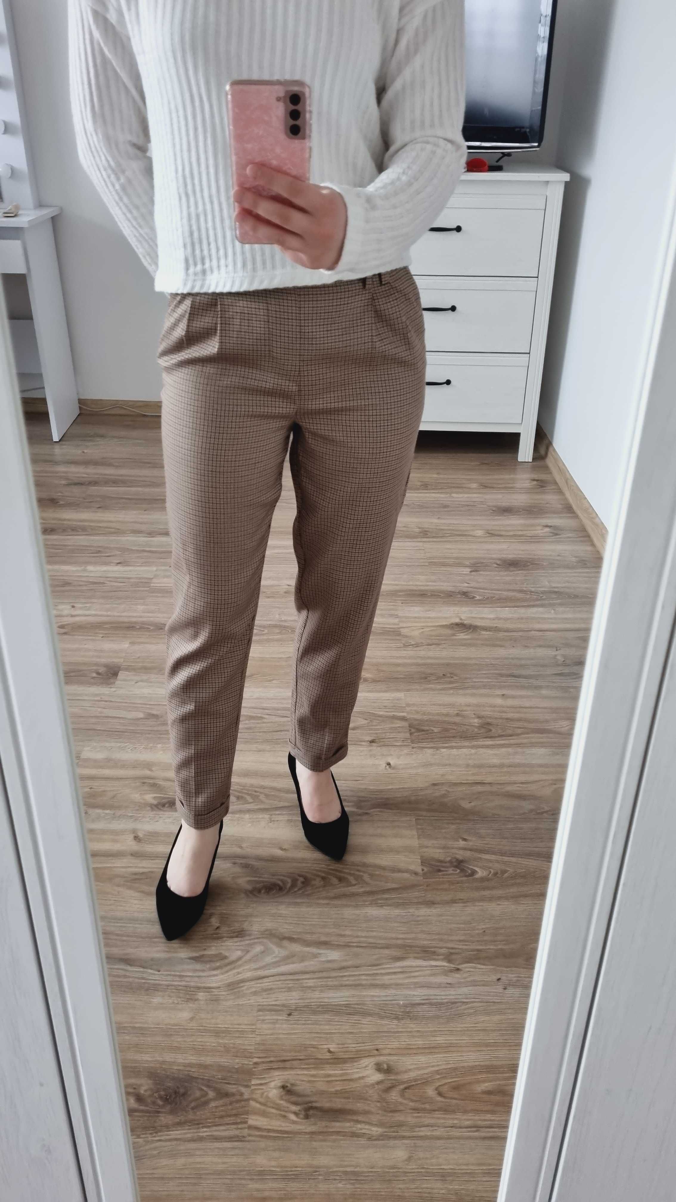 brązowe spodnie biurowe w pepitkę XS 34