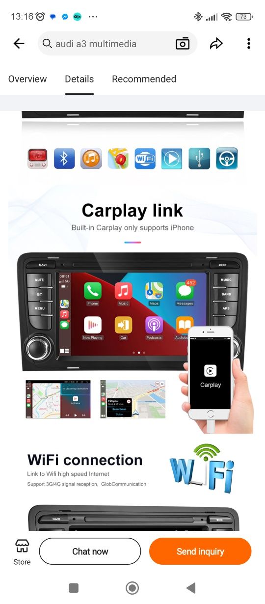 Rádio 2din Audi A3/S3/RS3 android Auto Carplay GPS wifi usb NOVO