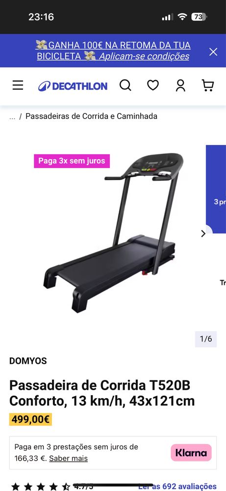 Passadeira de corrida T520B conforto /Decathlon