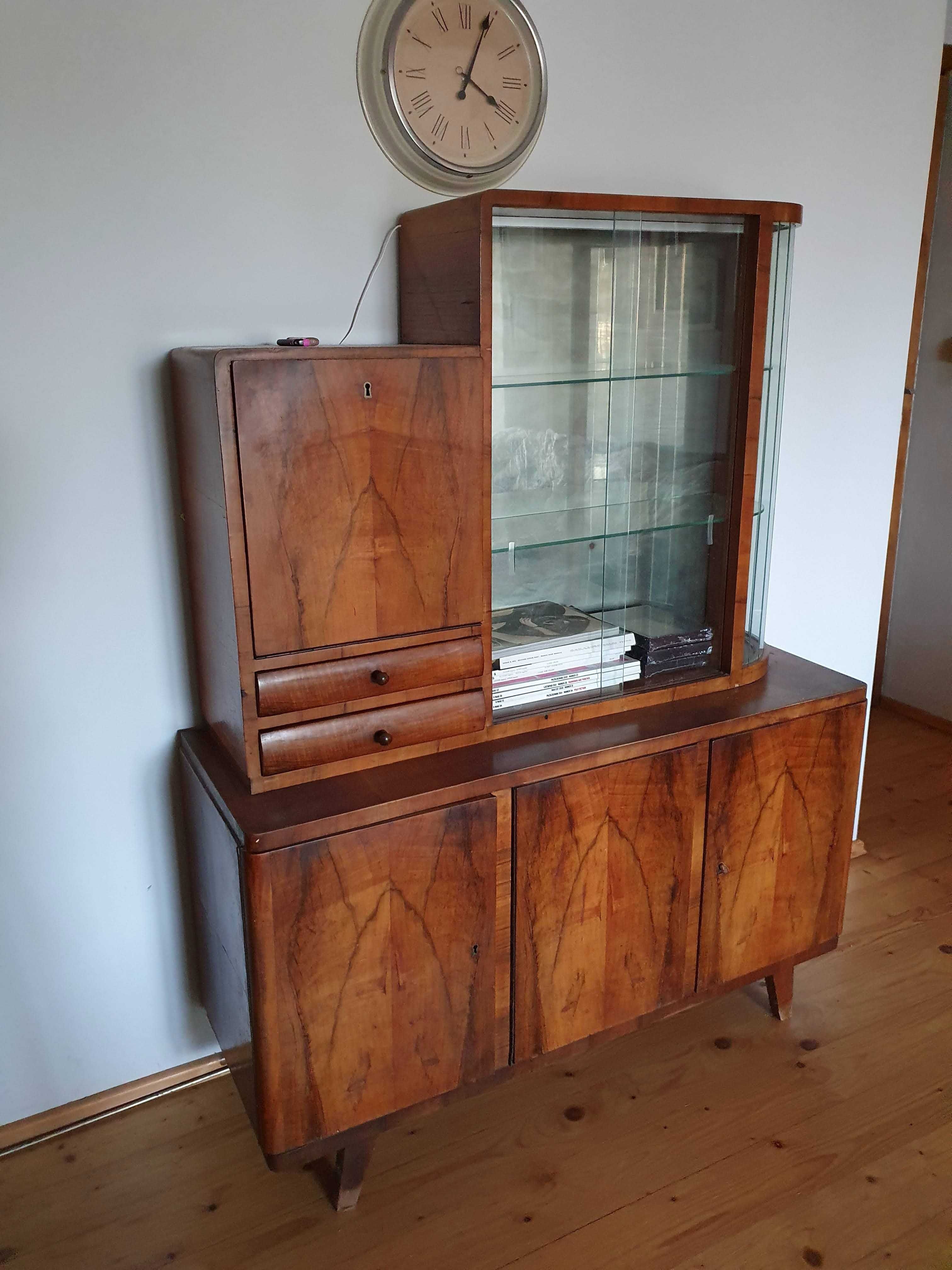 Fornirowany kredens z nadstawką, regał, witryna, PRL, midcentury