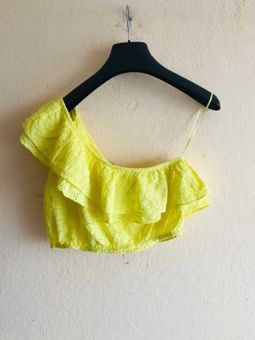 Zara - jak nowy, bawełniany, asymetryczny crop top (XS/S) stan idealny