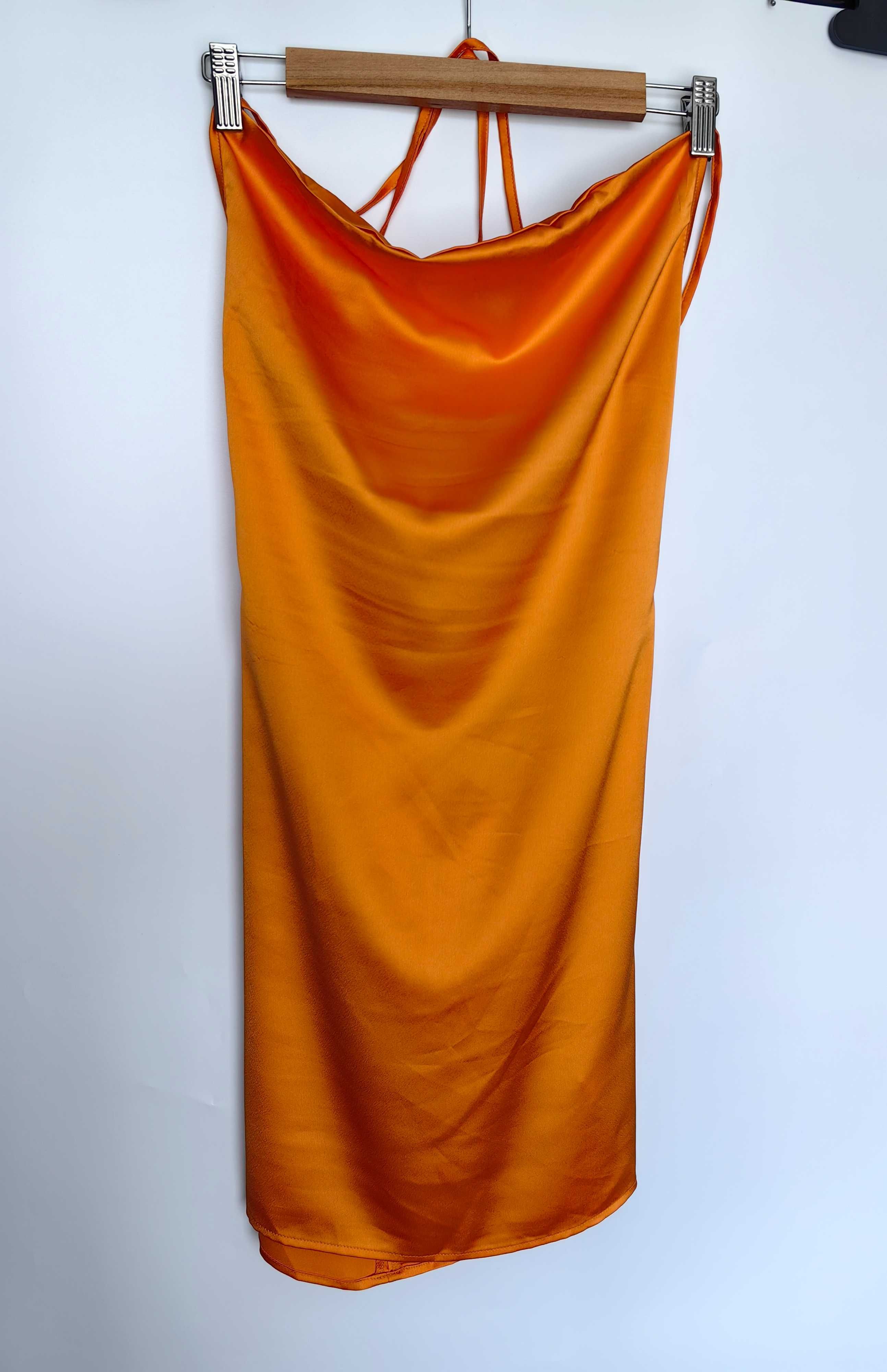 Pomarańczowa satynowa sukienka damska wiązane plecy 38 40 nowa z metką