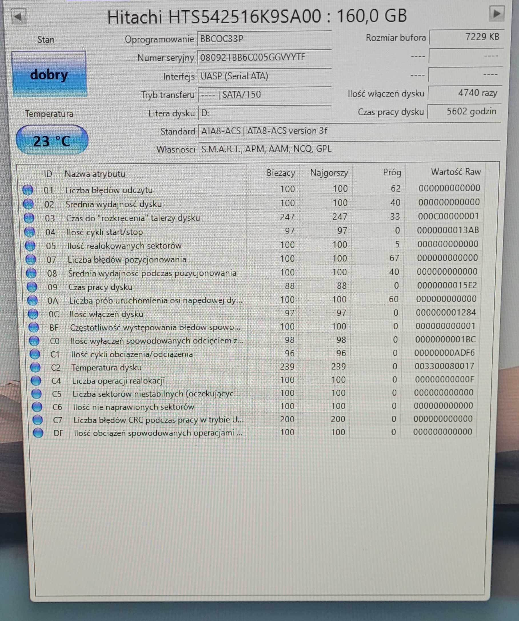 używany dysk twardy HDD 2,5" Hitachi 160GB 5400 rpm SATA