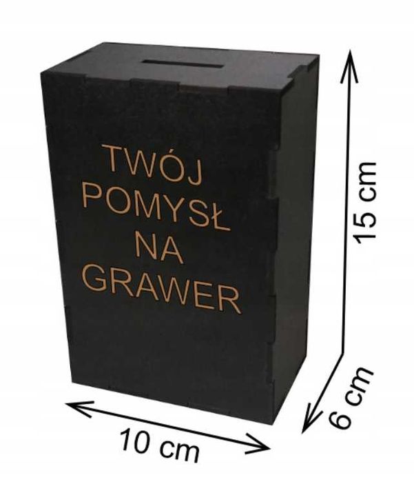 Skarbonka z własnym grawerem, dowolna grafika PERSONALIZACJA czarna
