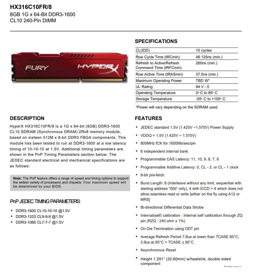 Pamięć RAM HyperX Fury DDR3 8GB 1600MHz - HX316C10FR/8