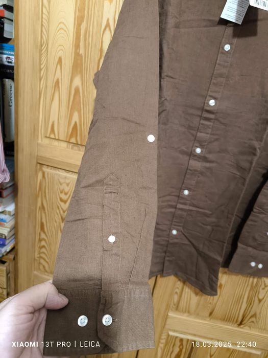 Koszula lniano 58% - bawełniana 42%, brązowa, nowa