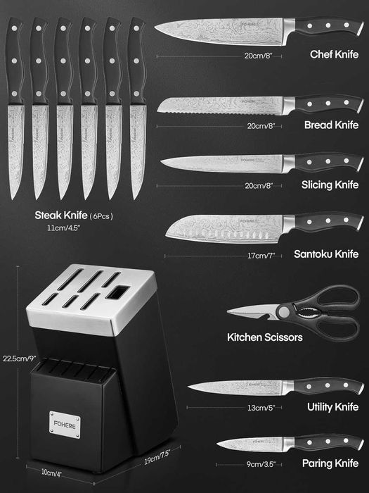 Nóż kuchenny FOHERE, 14-częściowy blok, noże ze zintegrowaną ostrzałką