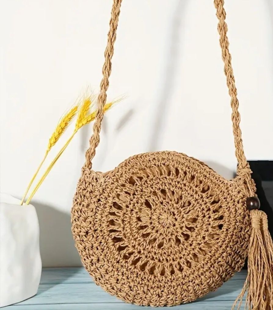 Pleciona torebka boho okrągła frędzle koszyk lato rattan shopper bag