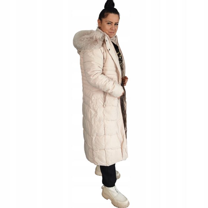 Kurtka płaszcz damski profilowany ciepły kolor beżowy z kapturem , XL