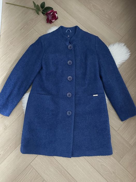 Granatowy chabrowy płaszcz boucle XL akryl nowy bez metki