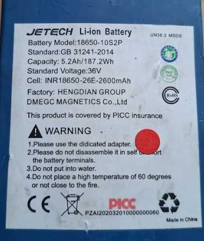 Bateria do hulajnogi elektrycznej Jetech 36v 5,2Ah 10sz