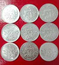 Monety srebrne franki francuskie 5 FrF - kolekcja roczników