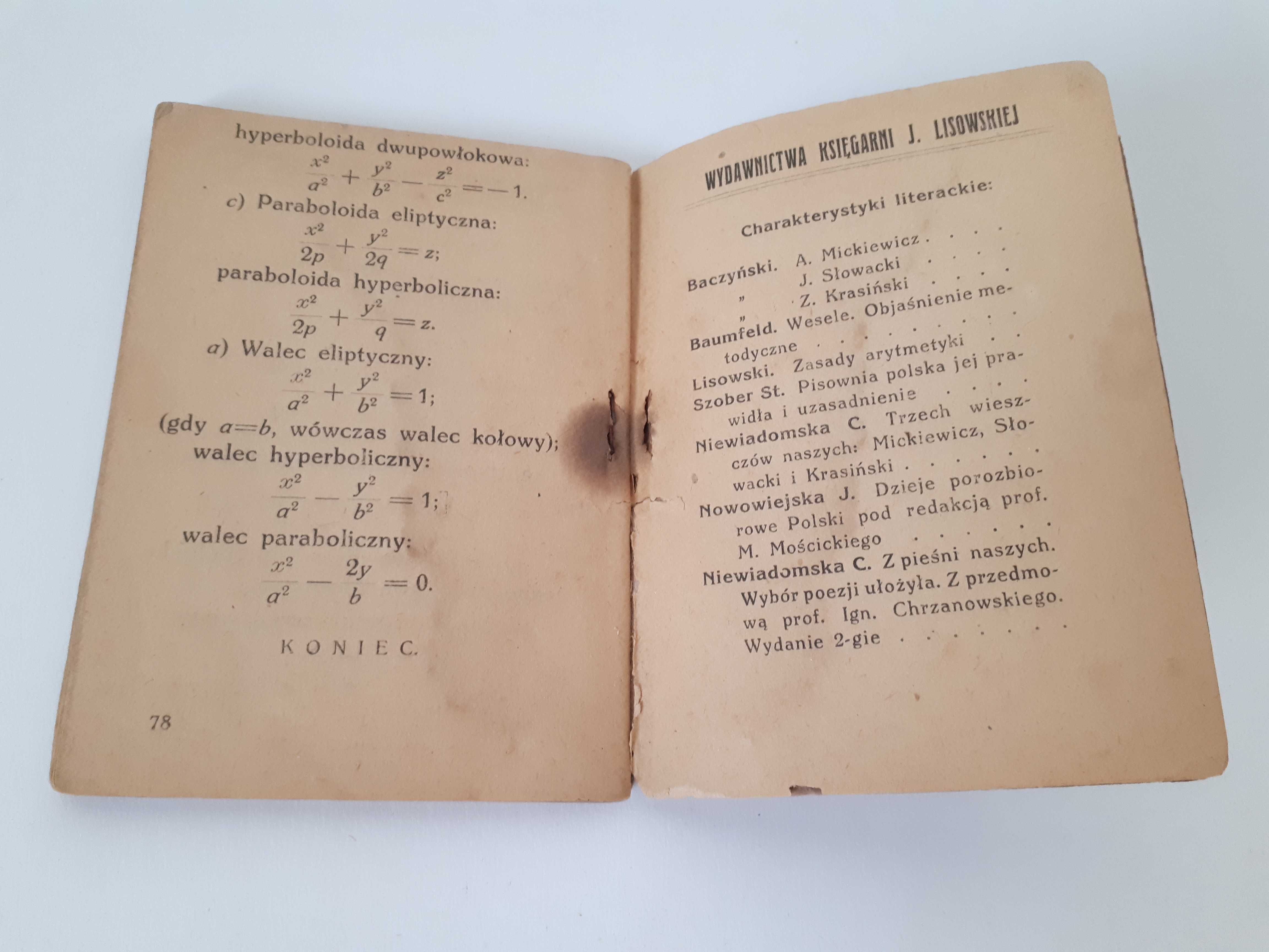 książeczka Wzory matematyczne - Lisowski 1922