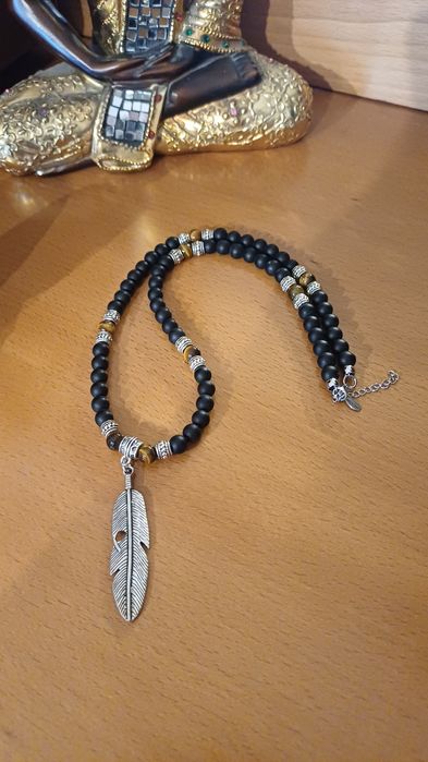 Colar Masculino Pedras Naturais & Pena